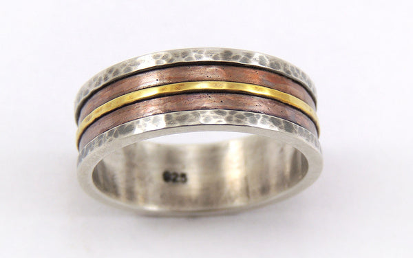 Mens Rustic Ring - 14K Gold / Silver / Copper / 8mm - 12mm