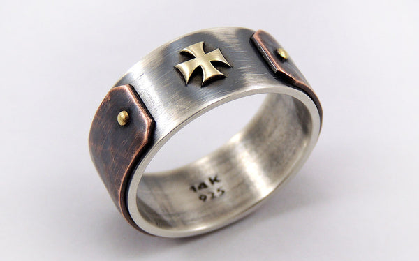 Templar Cross Ring for Men - Silver/Copper/14K Gold