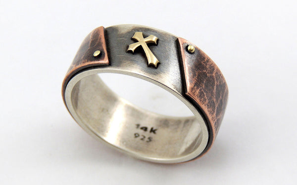 Mens Ring with Rustic Gold Cross