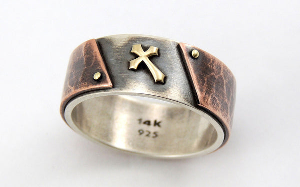 Mens Ring with Rustic Gold Cross