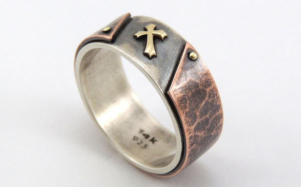 Mens Ring with Rustic Gold Cross