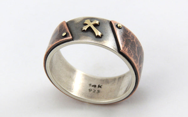 Mens Ring with Rustic Gold Cross