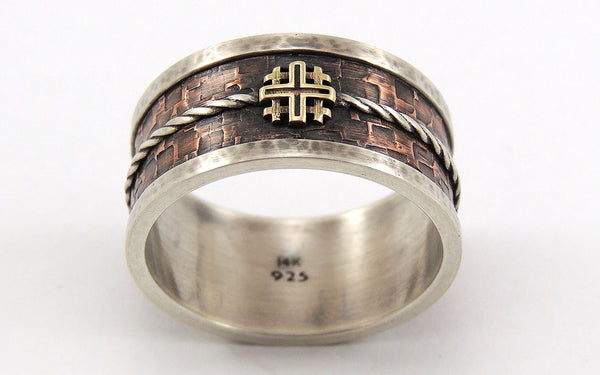 Mens Wedding Band with Jerusalem Cross - Silver/Copper/14K Gold