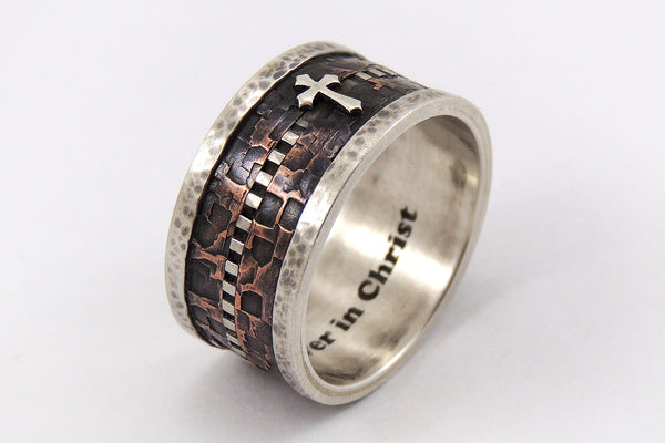 Mens Ring with Cross - Rustic Silver Copper