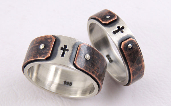 Rustic Wedding Bands Set, Handmade Christian Couple Rings