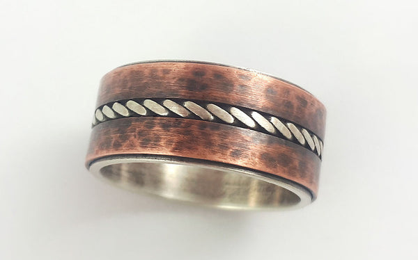 Silver copper rustic wedding band for men