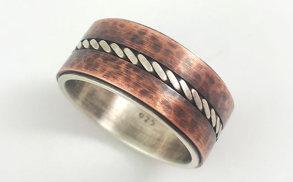 Silver copper rustic wedding band for men