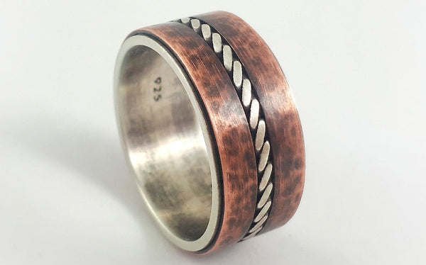 Silver copper rustic wedding band for men