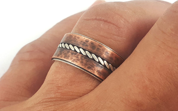 Silver copper rustic wedding band for men