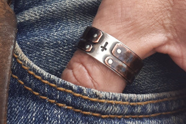 Rustic mens ring with cross