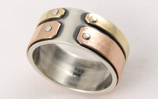 One-of-a-Kind Mixed Metals Men's Gold Ring, Handmade of Rose and Yellow Gold with Silver