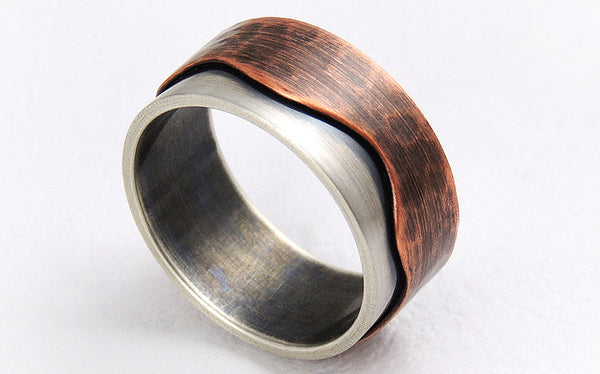 Men promise rings silver and rustic copper
