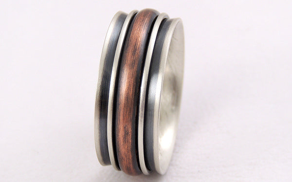 Unique mens wedding band Silver and Copper 10mm Comfort-fit