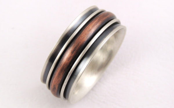 Rustic Mens Ring Silver Copper 10mm wide