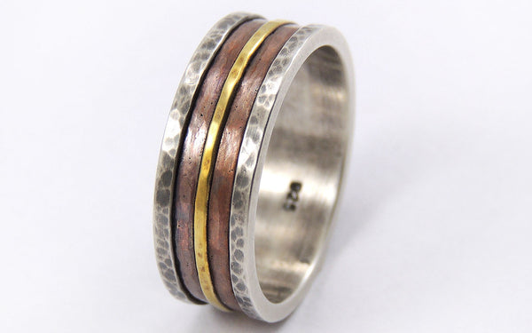 Mens Rustic Ring - 14K Gold / Silver / Copper / 8mm - 12mm