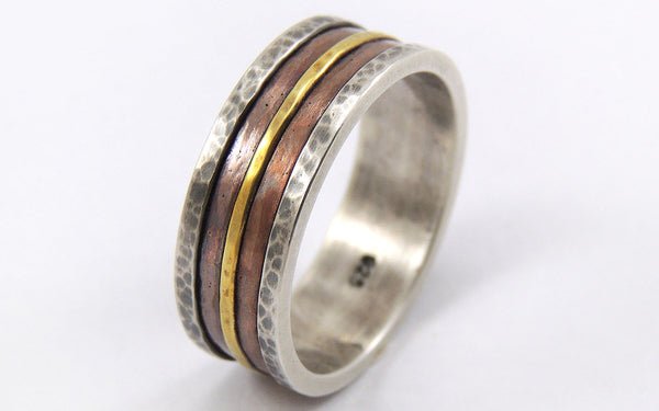 Mens Rustic Ring - 14K Gold / Silver / Copper / 8mm - 12mm