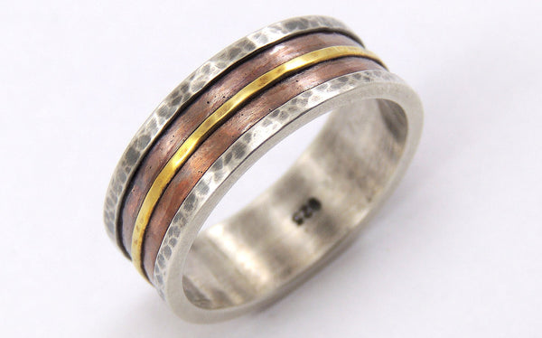 Mens Rustic Ring - 14K Gold / Silver / Copper / 8mm - 12mm