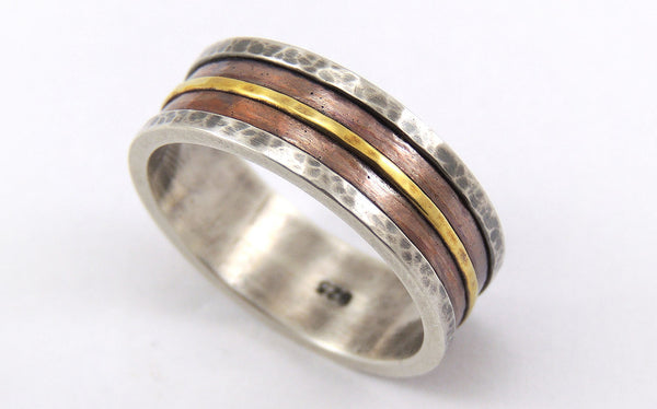 Mens Rustic Ring - 14K Gold / Silver / Copper / 8mm - 12mm