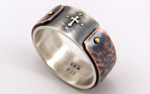 Unique mens cross ring - Silver/Copper/14K Gold