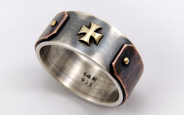 Templar Cross Ring for Men - Silver/Copper/14K Gold