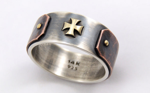 Templar Cross Ring for Men - Silver/Copper/14K Gold