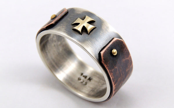 Templar Cross Ring for Men - Silver/Copper/14K Gold