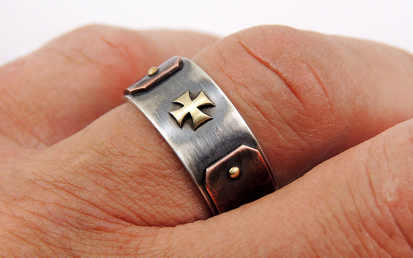 Templar Cross Ring for Men - Silver/Copper/14K Gold