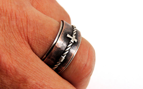 Christian ring for men Silver and Rustic Copper