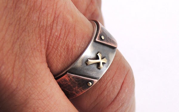 Mens Ring with Rustic Gold Cross