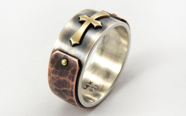 Mens Wedding Ring with Gold Cross