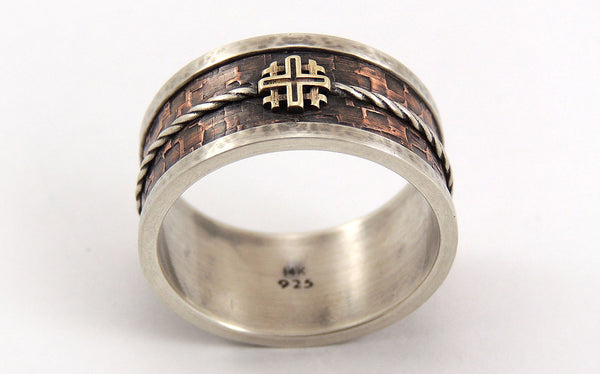 Mens Wedding Band with Jerusalem Cross - Silver/Copper/14K Gold