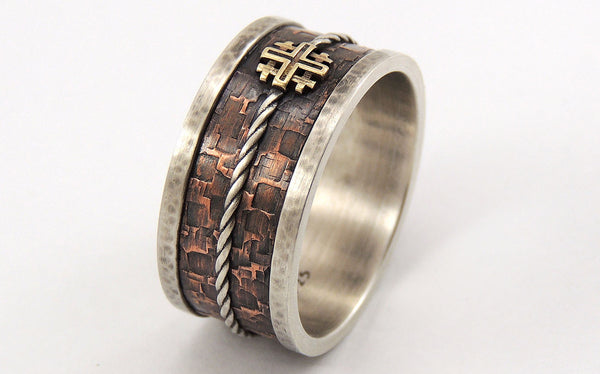 Mens Wedding Band with Jerusalem Cross - Silver/Copper/14K Gold