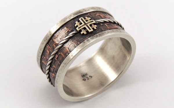 Mens Wedding Band with Jerusalem Cross - Silver/Copper/14K Gold