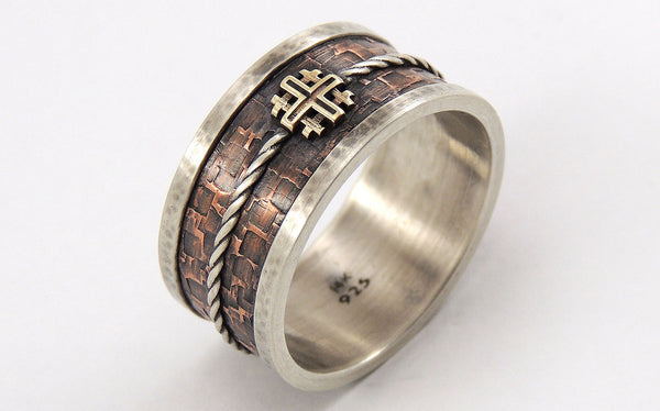 Mens Wedding Band with Jerusalem Cross - Silver/Copper/14K Gold