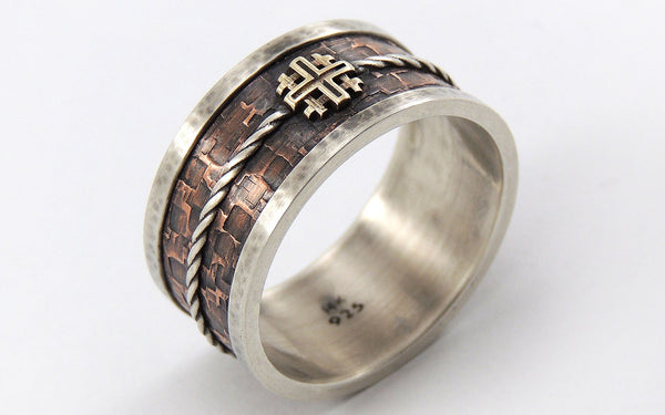 Mens Wedding Band with Jerusalem Cross - Silver/Copper/14K Gold