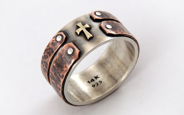 Rustic Mens Ring with 14K Gold Cross