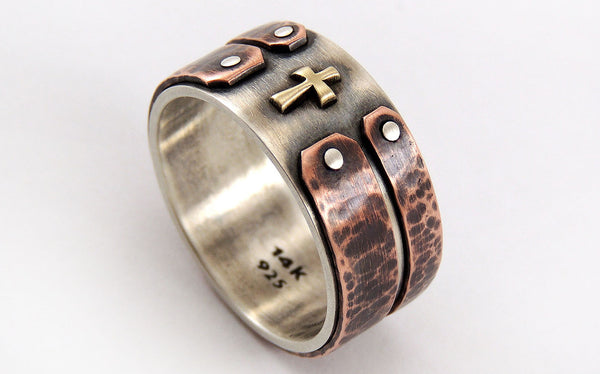 Rustic Mens Ring with 14K Gold Cross
