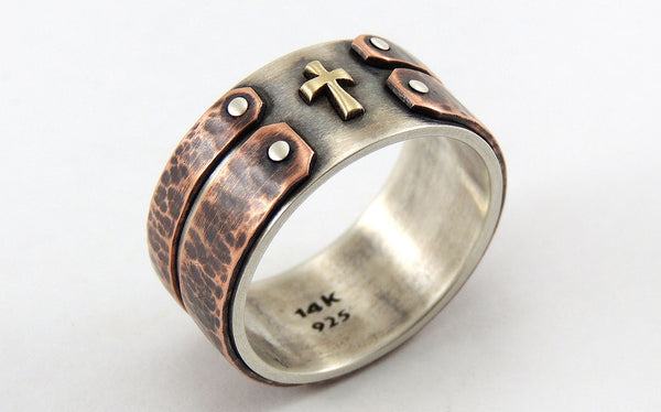 Rustic Mens Ring with 14K Gold Cross