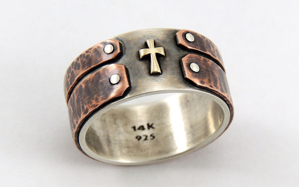 Rustic Mens Ring with 14K Gold Cross