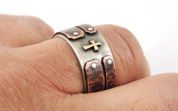 Rustic Mens Ring with 14K Gold Cross