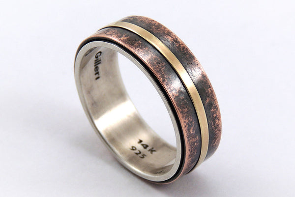 Unique Mens Wedding Band - Rustic Silver / Copper / 14K Gold