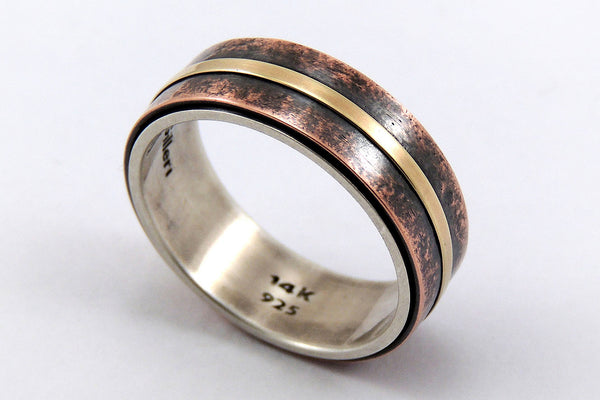 Unique Mens Wedding Band - Rustic Silver / Copper / 14K Gold