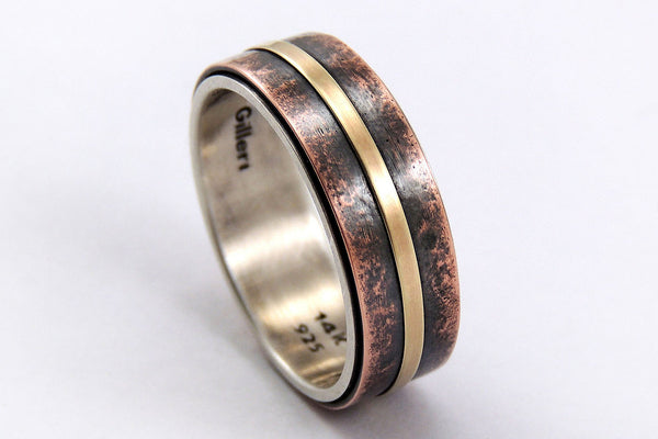 Unique Mens Wedding Band - Rustic Silver / Copper / 14K Gold