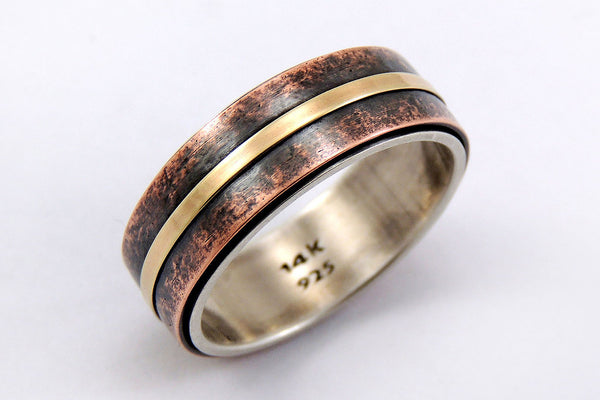 Unique Mens Wedding Band - Rustic Silver / Copper / 14K Gold