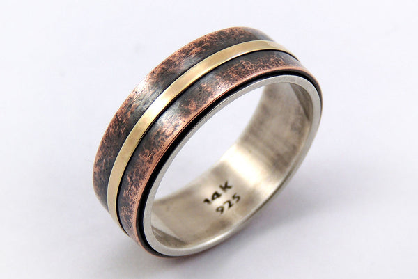 Unique Mens Wedding Band - Rustic Silver / Copper / 14K Gold