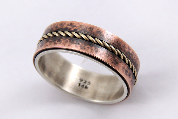 Viking Wedding Ring - Rustic Silver / Copper / 14K Gold