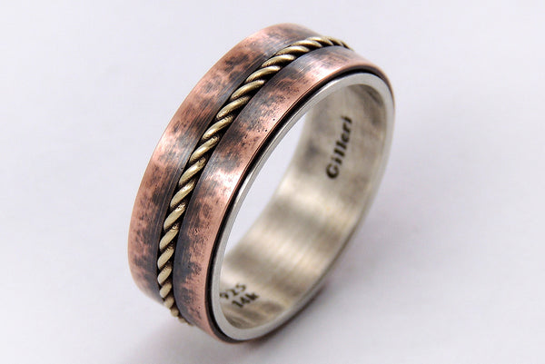 Viking Wedding Ring - Rustic Silver / Copper / 14K Gold