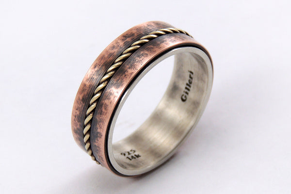 Viking Wedding Ring - Rustic Silver / Copper / 14K Gold