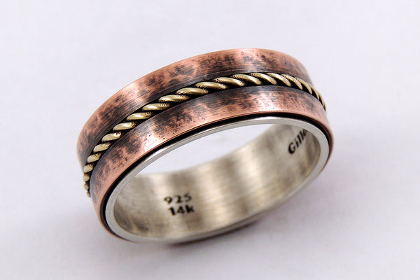 Viking Wedding Ring - Rustic Silver / Copper / 14K Gold