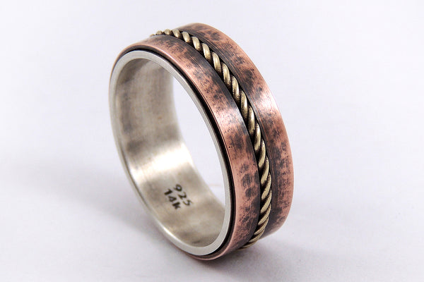 Viking Wedding Ring - Rustic Silver / Copper / 14K Gold